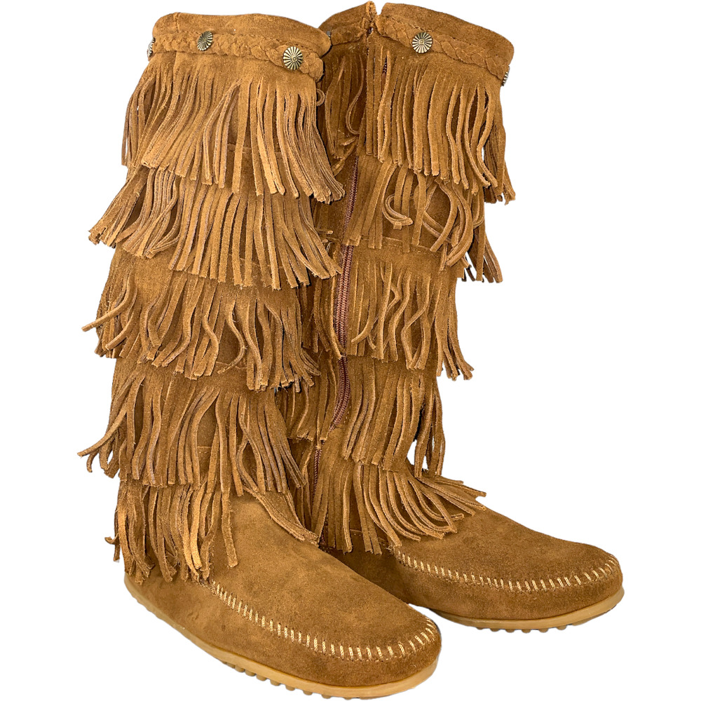 Minnetonka Women's Brown Suede Leather Fringe Boho Festival Zip Up Tall Boot 8